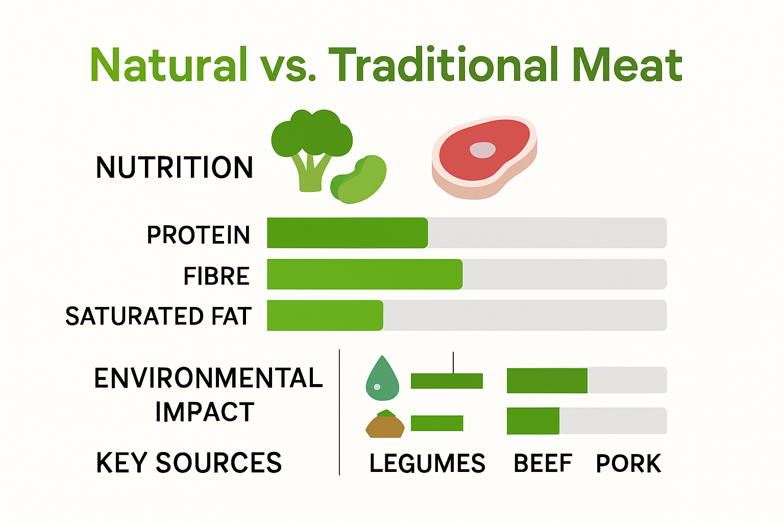 Infographic comparing nutrition and sustainability of natural meat alternatives versus traditional meat