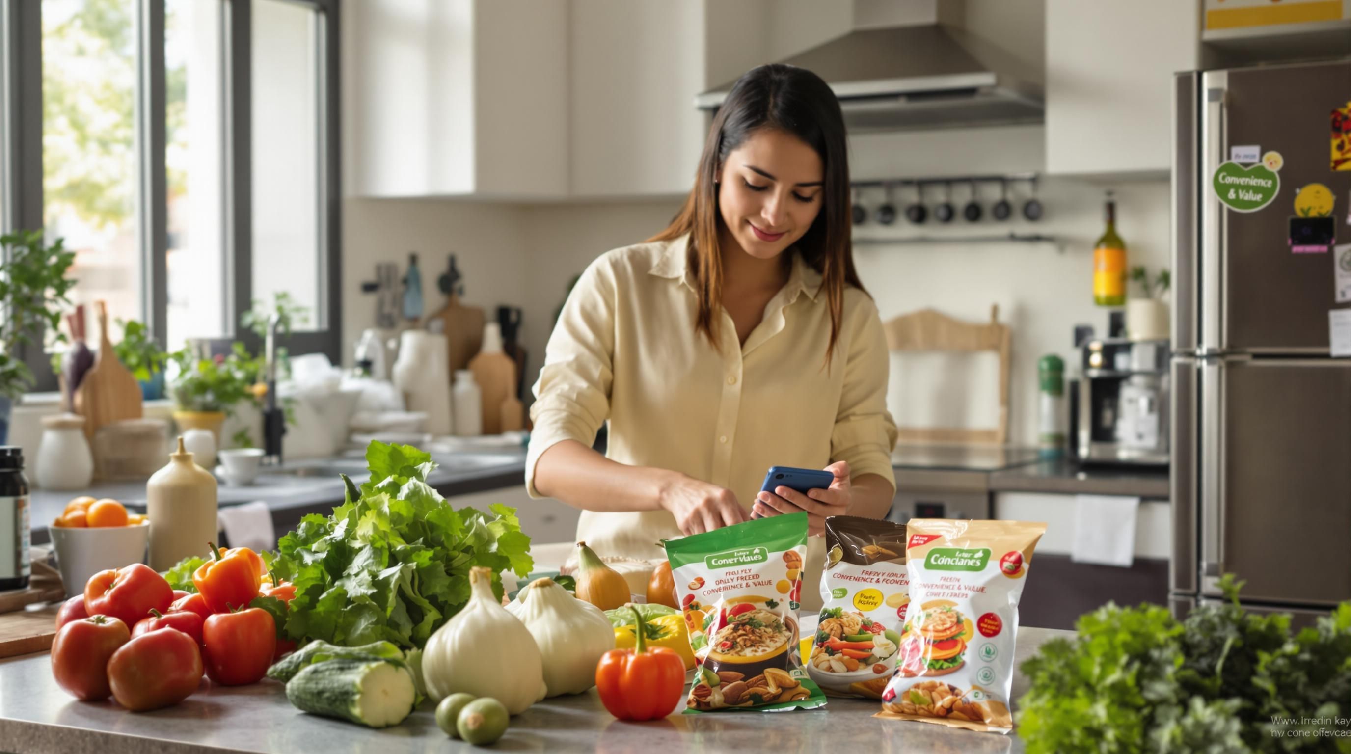 Young adult in Indian kitchen unpacking fresh and frozen groceries, cost and convenience emphasized.