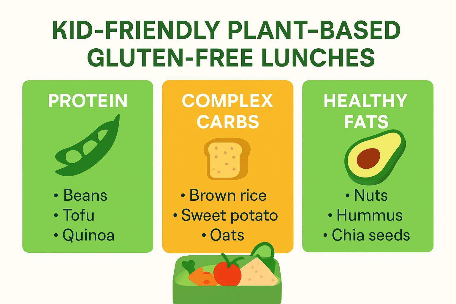 Infographic showing plant-based gluten free lunch nutrition for kids