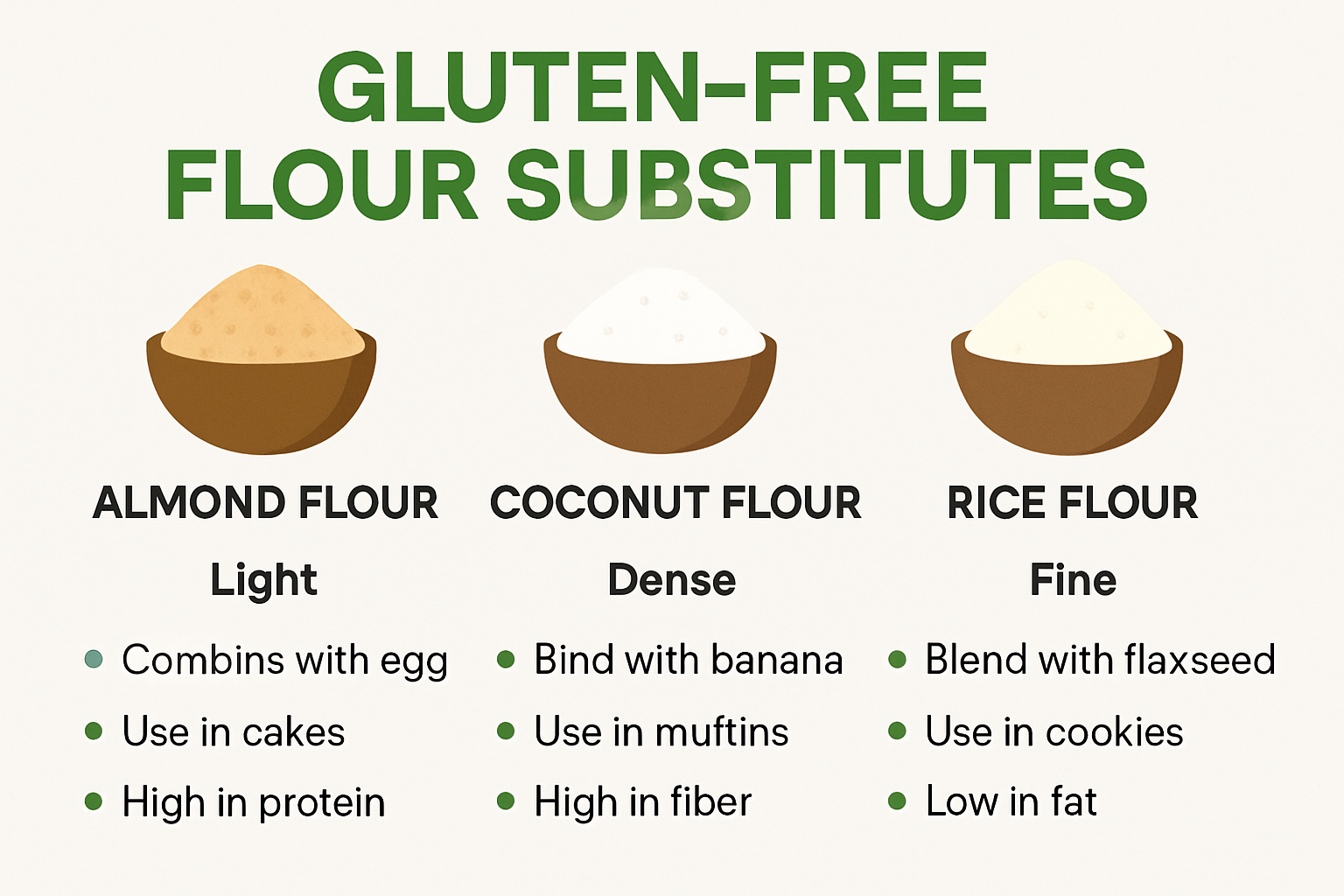 Infographic illustrating gluten free flour substitutions and binding options for baking.
