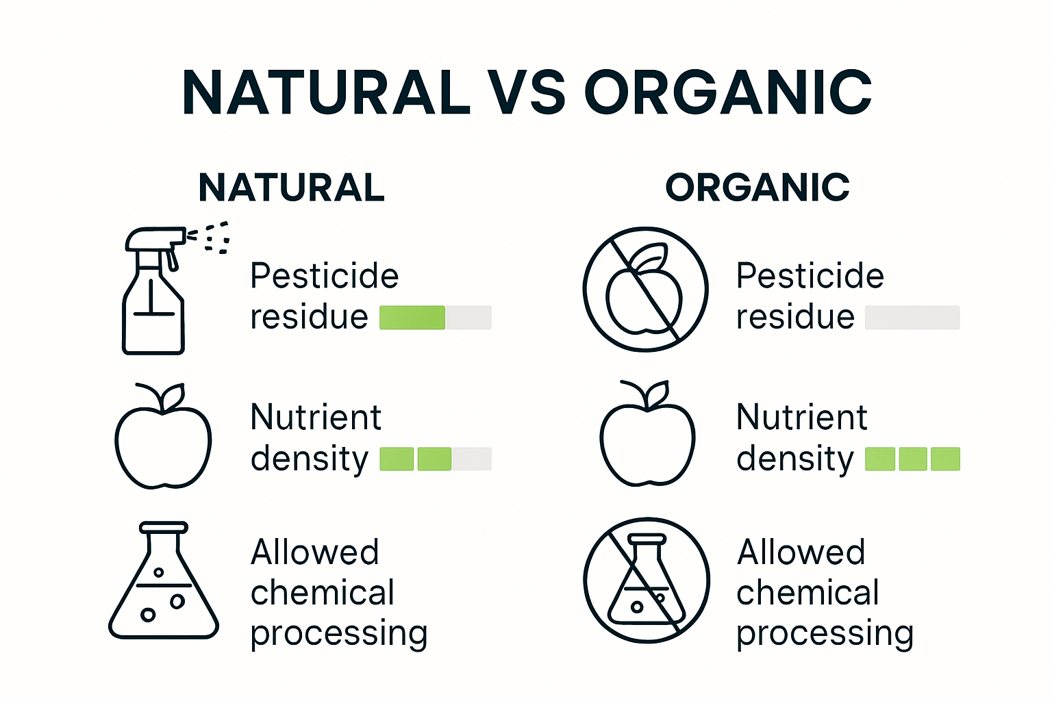 Infographic summarizing health and nutrition comparison between natural and organic