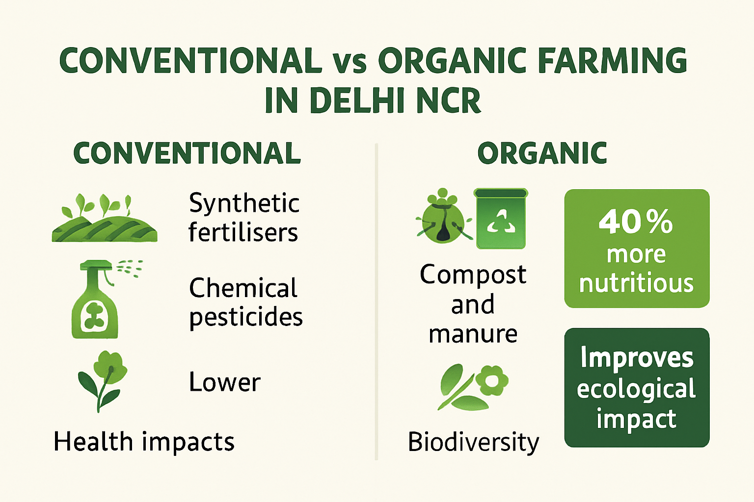 Infographic comparing organic and conventional farming methods in Delhi NCR