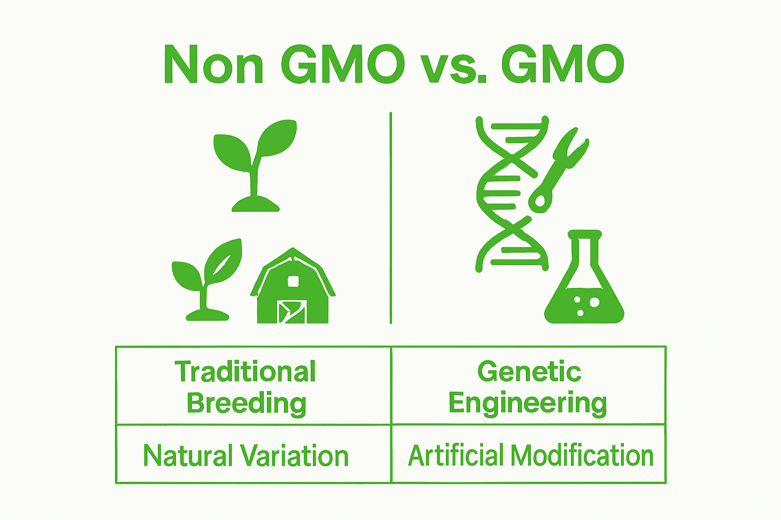 Infographic comparing non GMO and GMO foods with icons and key traits