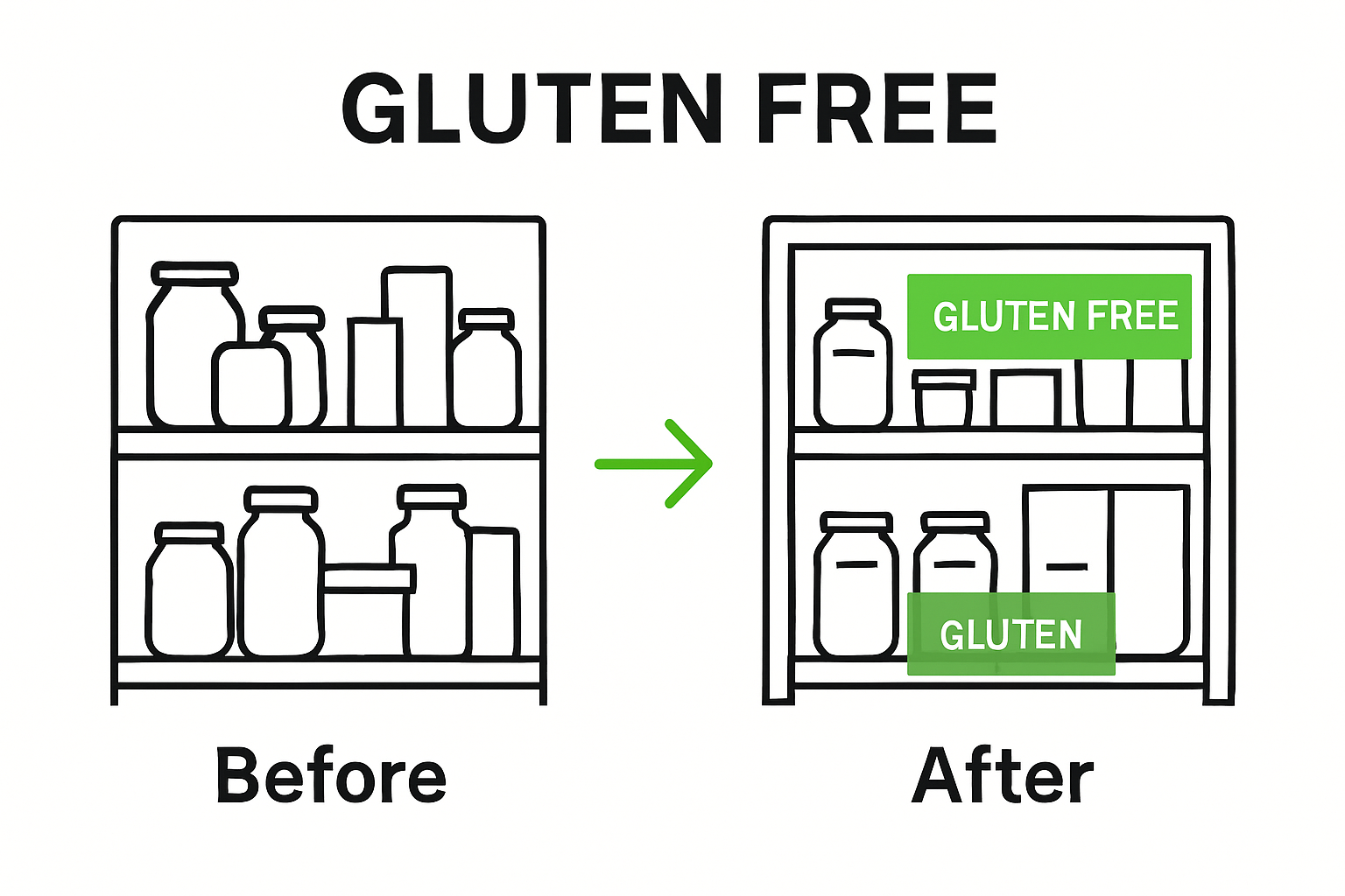 Before and after gluten free pantry organization—chaotic versus labeled separation