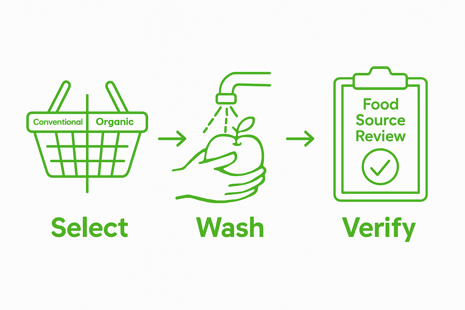 Infographic showing select, wash, and verify steps