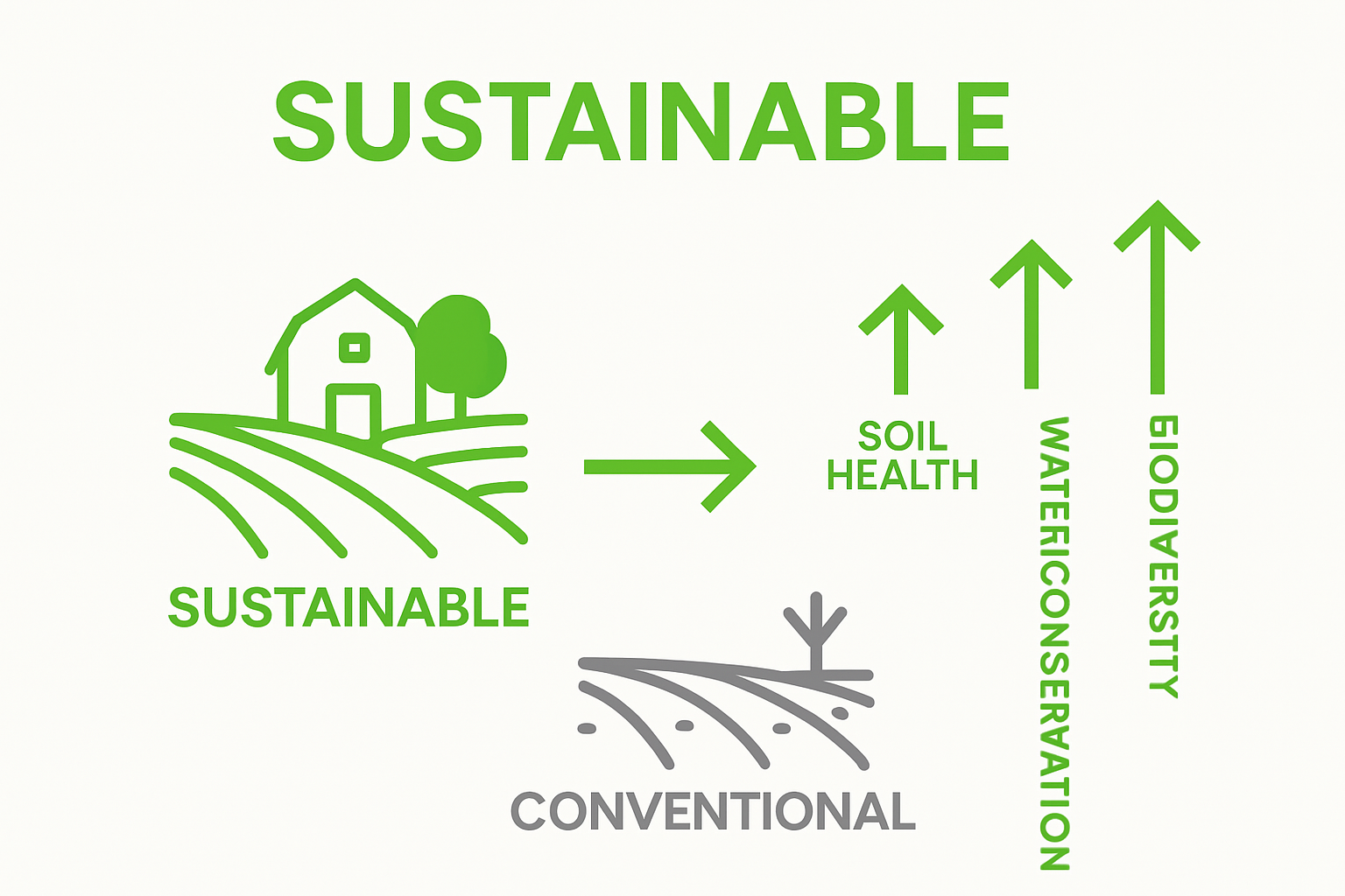 Infographic comparing sustainable and conventional farming with key benefits