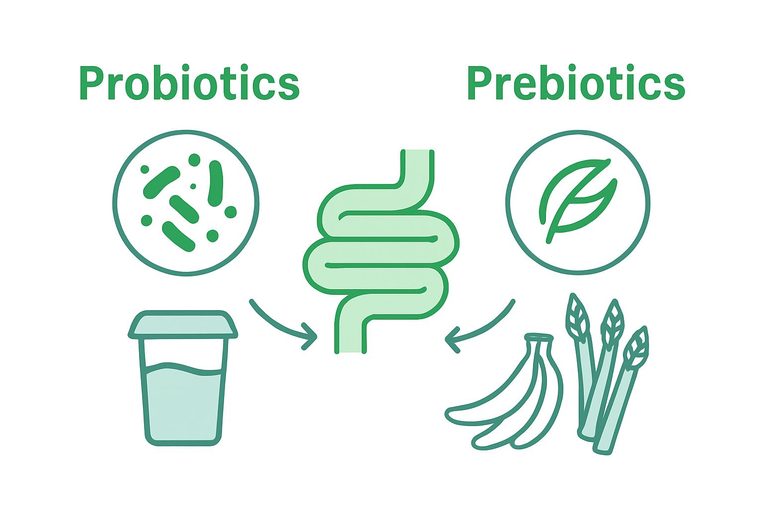 Visual comparison of probiotics and prebiotics for gut health