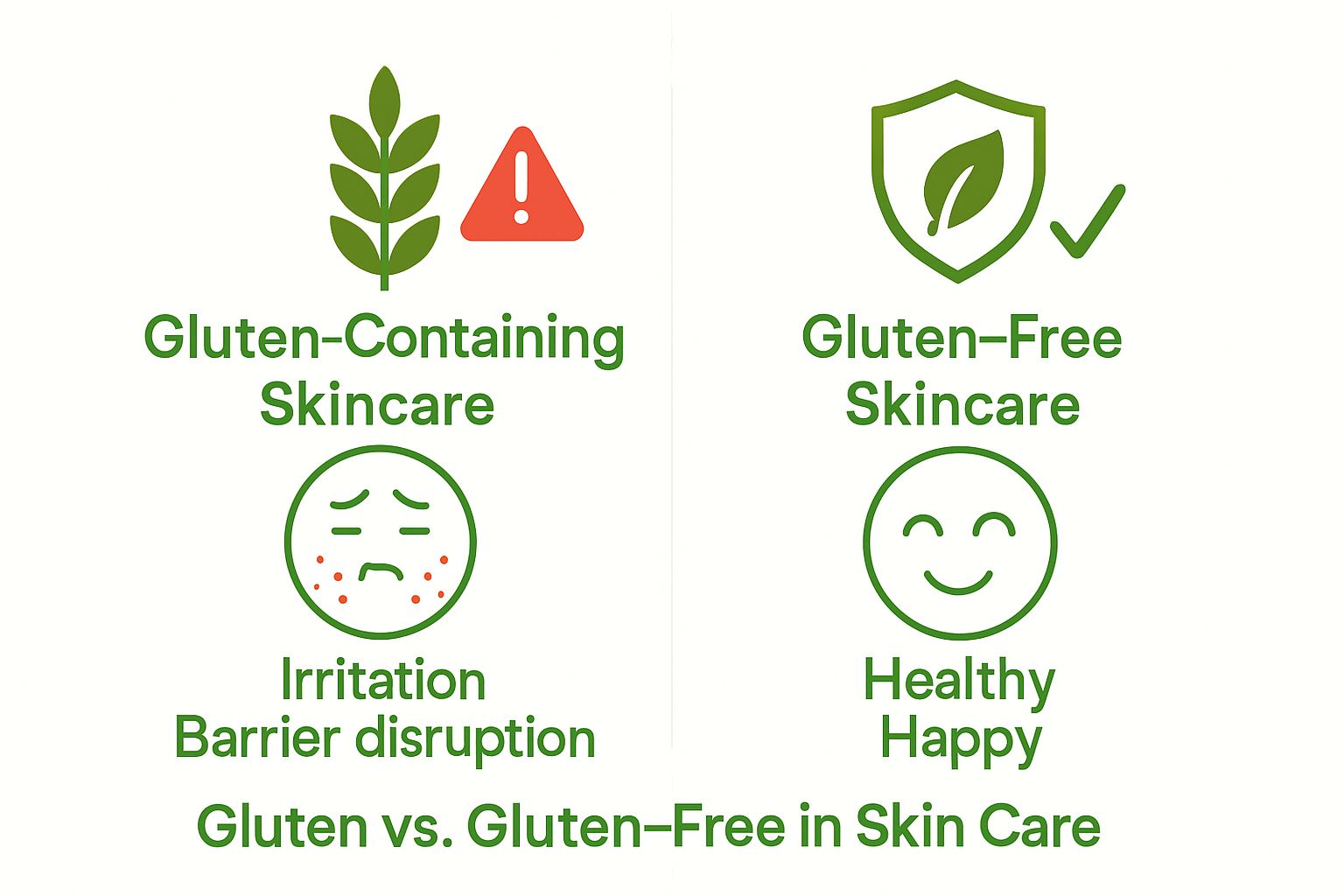 Comparison of gluten vs. gluten-free skin care products with symbols and skin effects