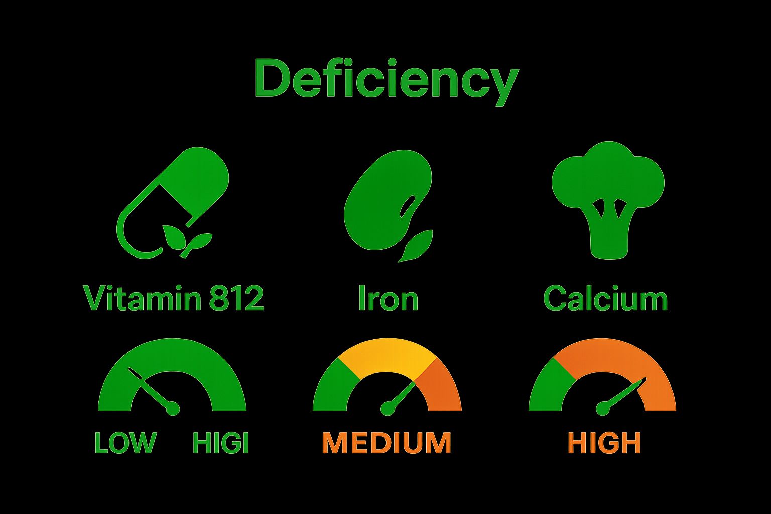 Vitamin B12, Iron, and Calcium risk levels in vegan diets