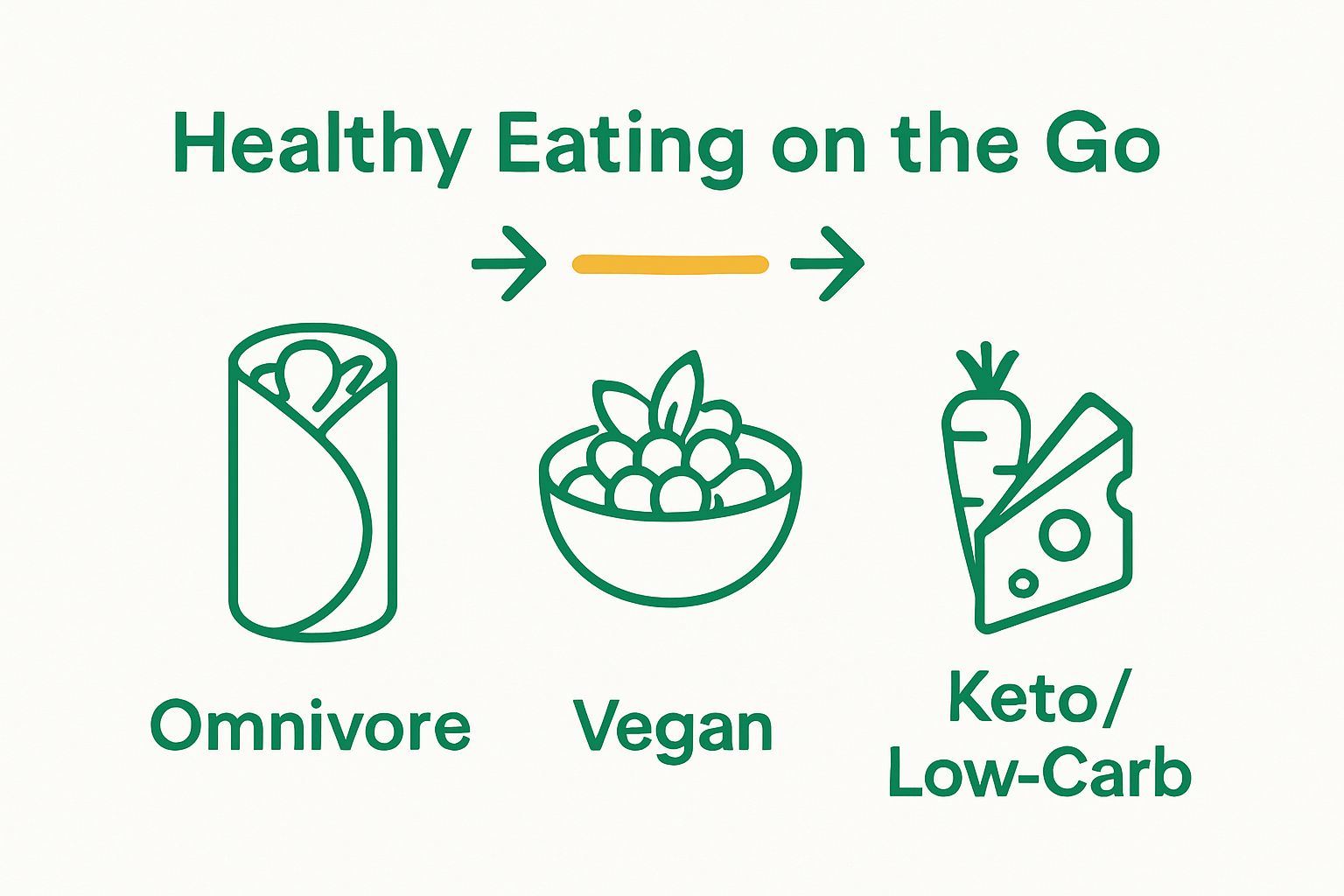 Infographic comparing healthy eating options for omnivore, vegan, and keto diets