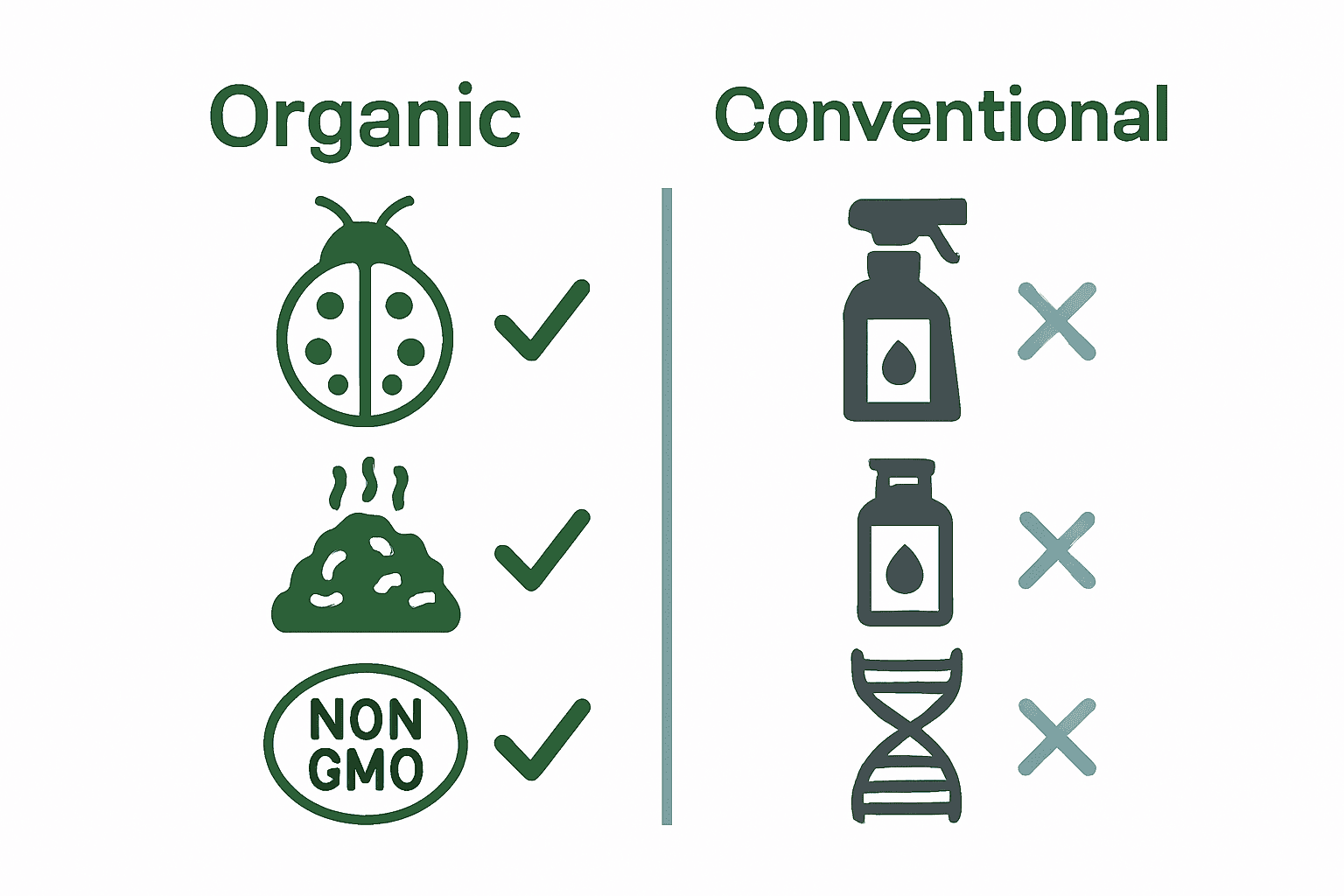 Side-by-side infographic comparing organic and conventional farming practices