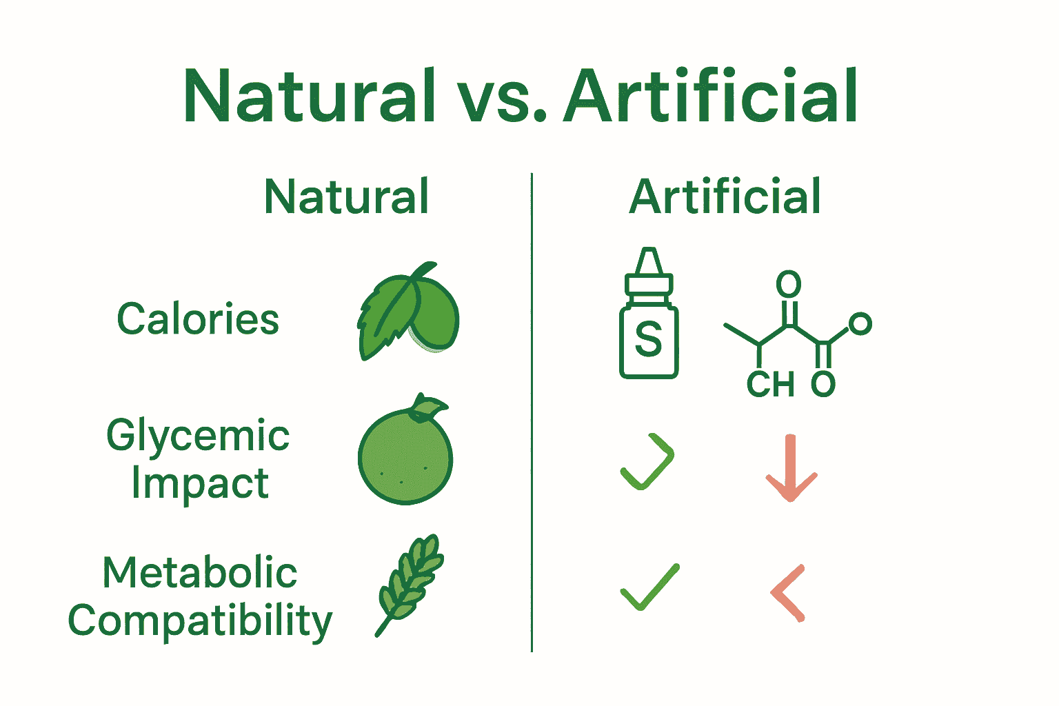 Infographic comparing natural and artificial sweeteners by calories, glycemic impact, and health effects.