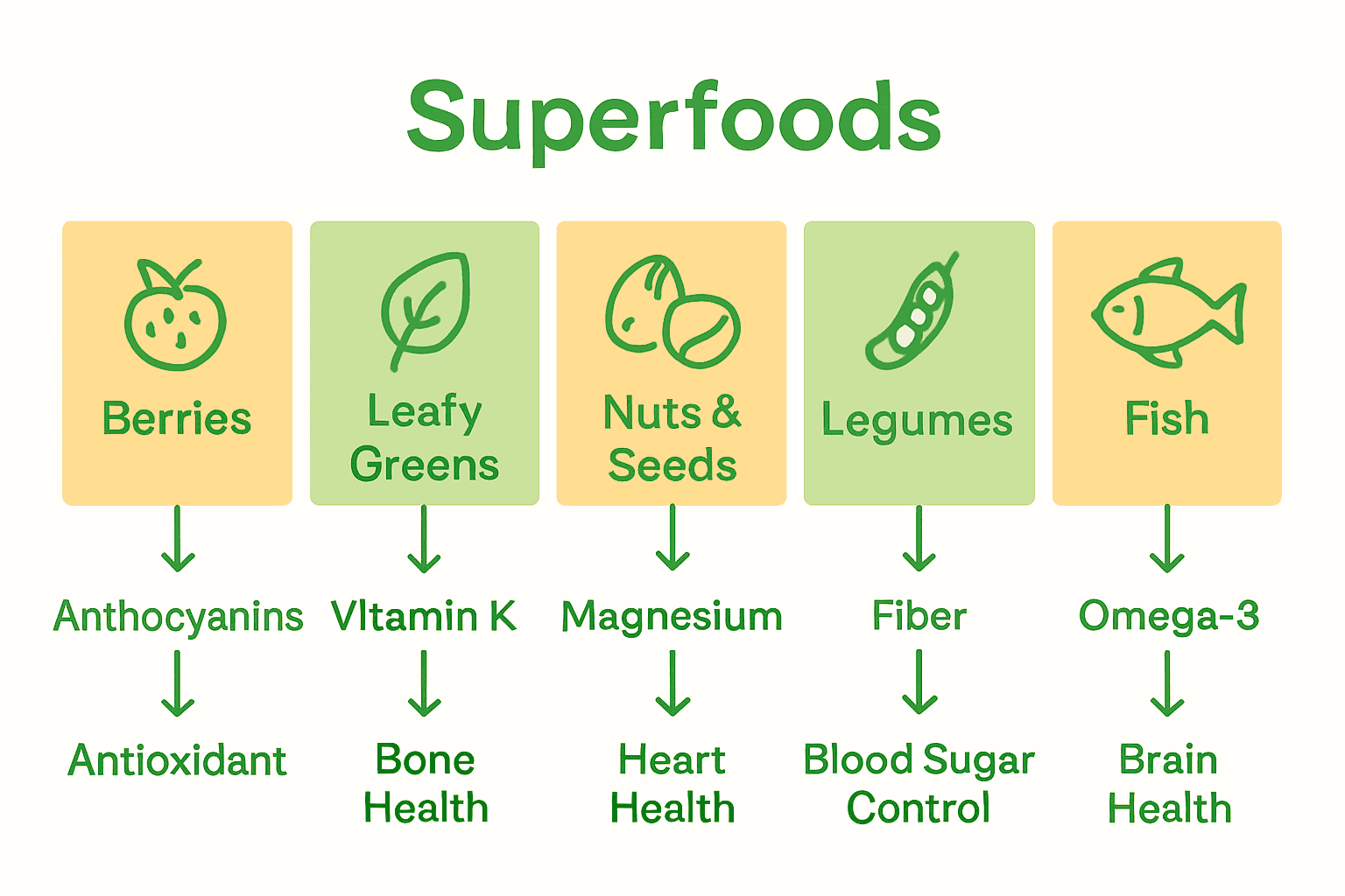 Infographic comparing five superfood categories by nutrients and health benefits