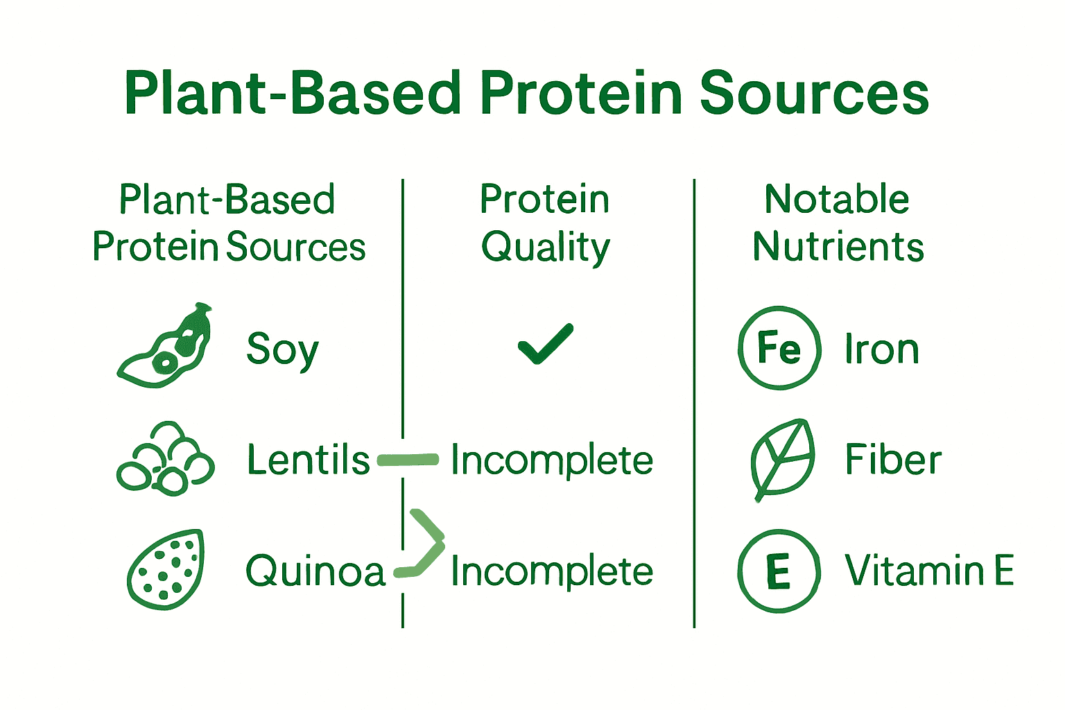 Infographic comparing protein quality and nutrients of three major plant-based protein sources.