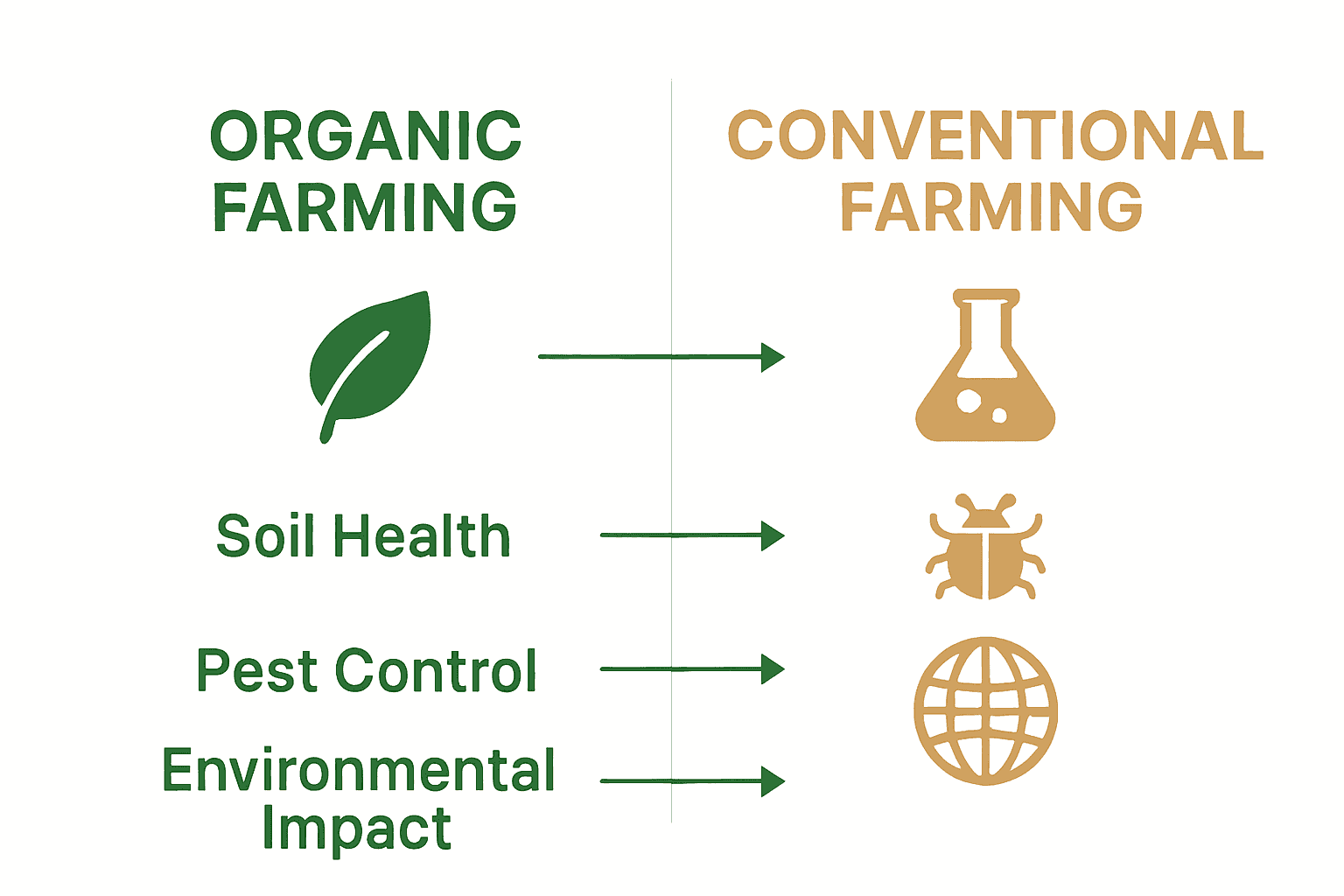 Comparative infographic showing organic versus conventional farming differences in soil health, pest control, and environmental impact.