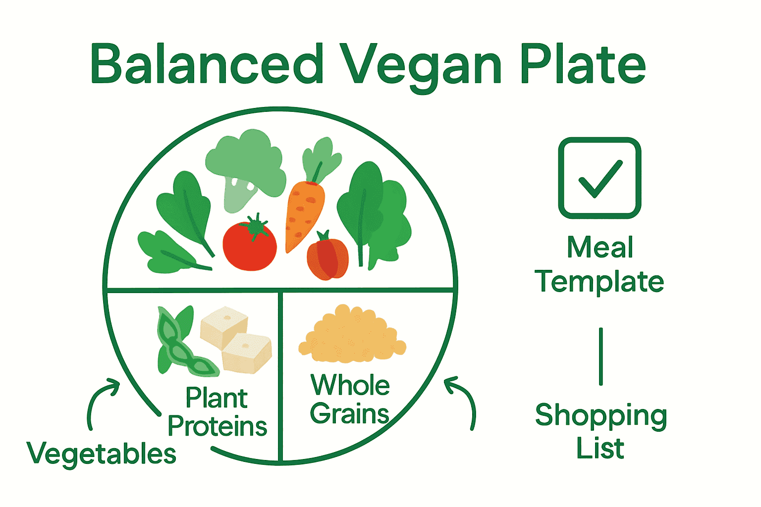 Infographic: Balanced vegan plate with vegetables, proteins, grains.