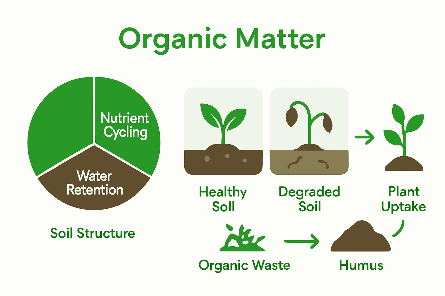 Infographic showing organic matter's role in soil health, nutrient cycling, and ecosystem benefits.