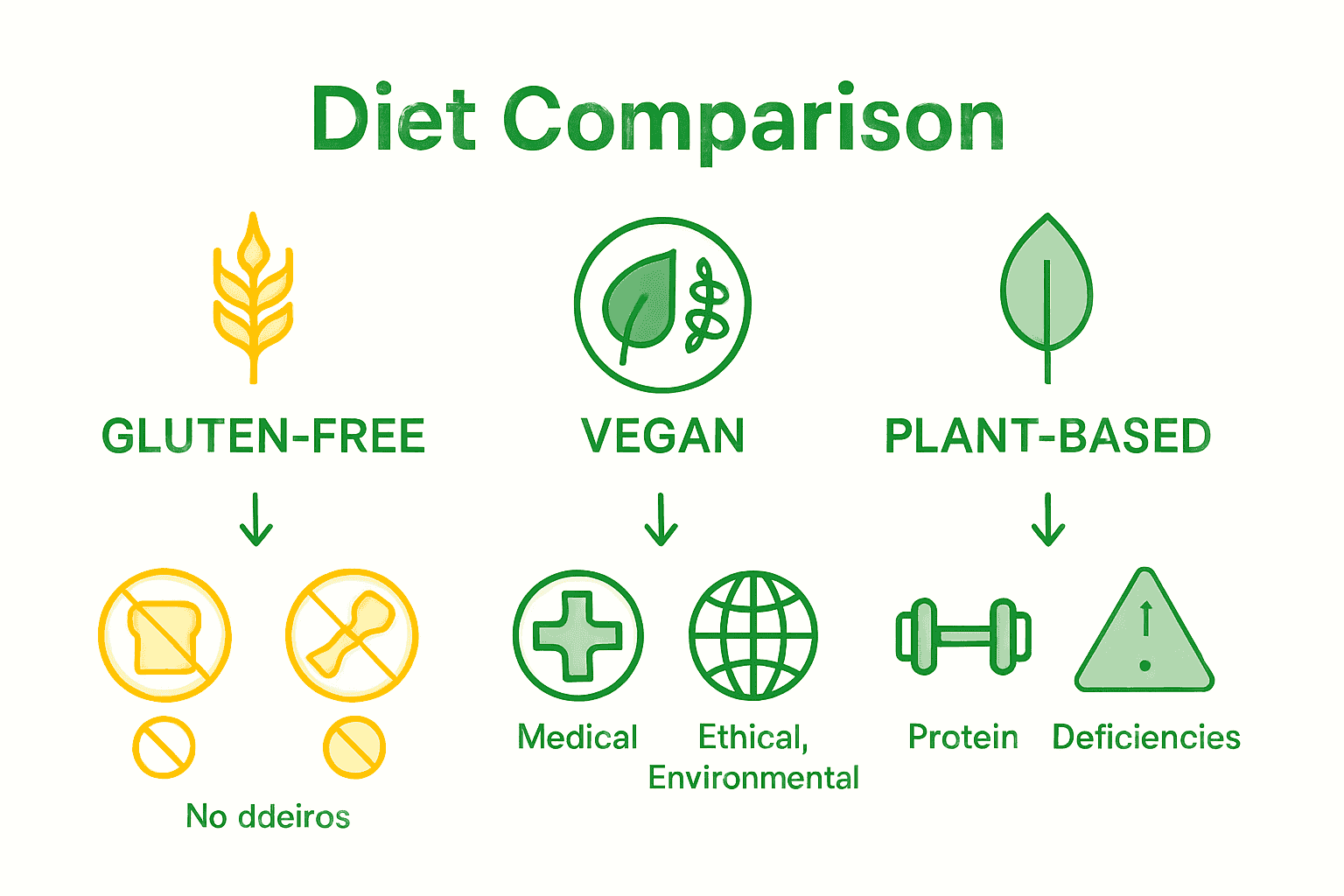Infographic comparing gluten-free, vegan, and plant-based diets using icons and simple notes.