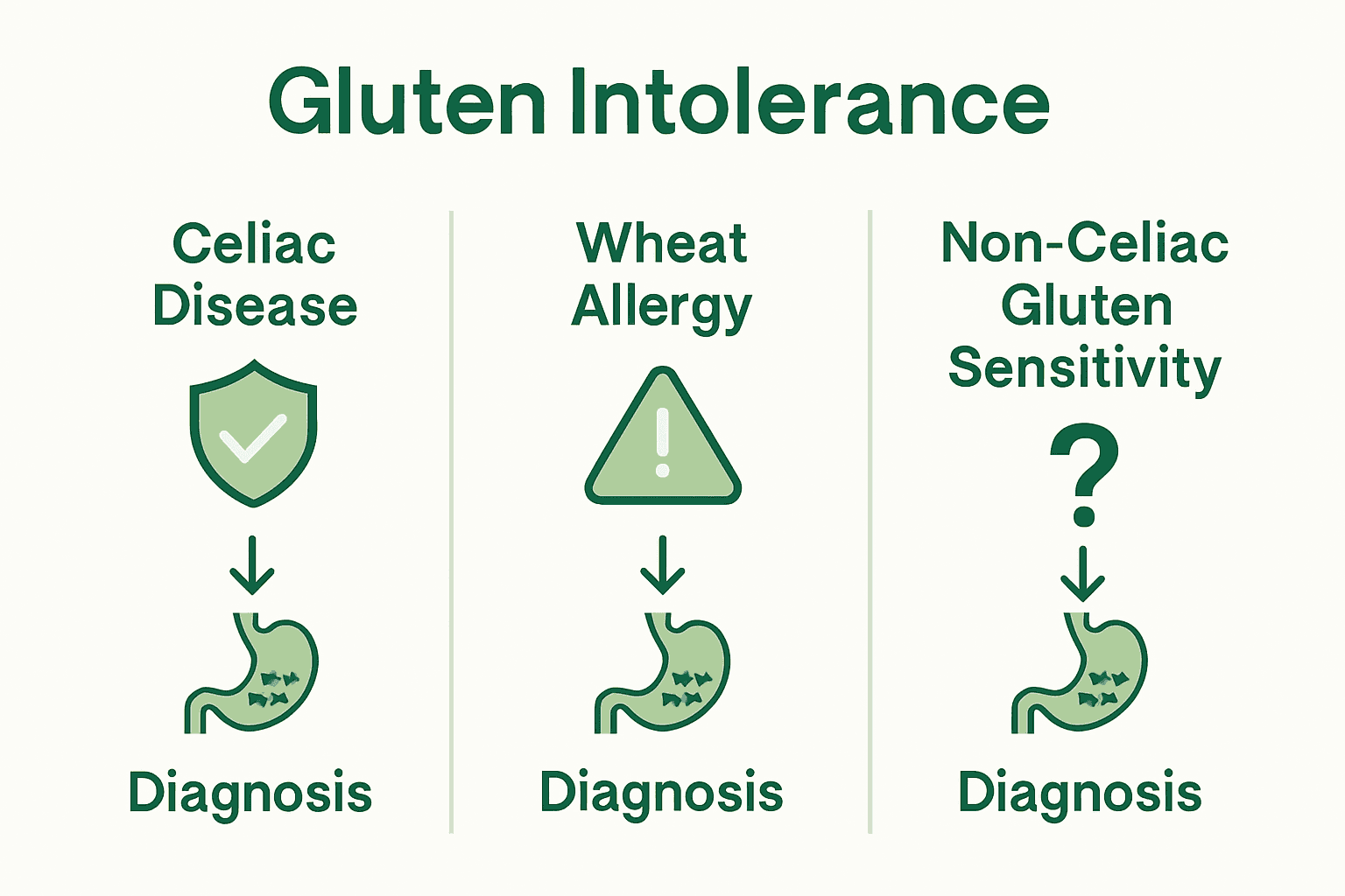 Infographic comparing three types of gluten intolerance with icons and symptoms.
