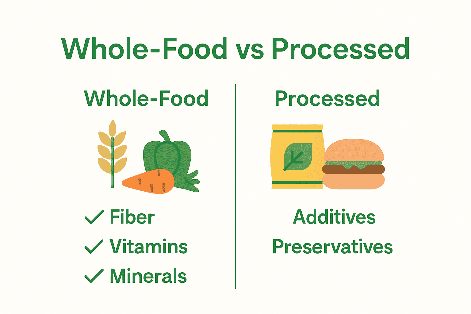 Infographic comparing whole-food and processed plant foods using icons and a side-by-side chart.