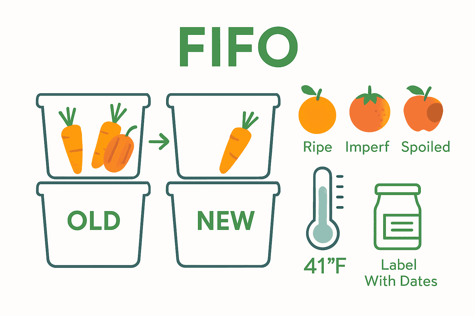 FIFO storage infographic with containers, arrows, and temperature icon