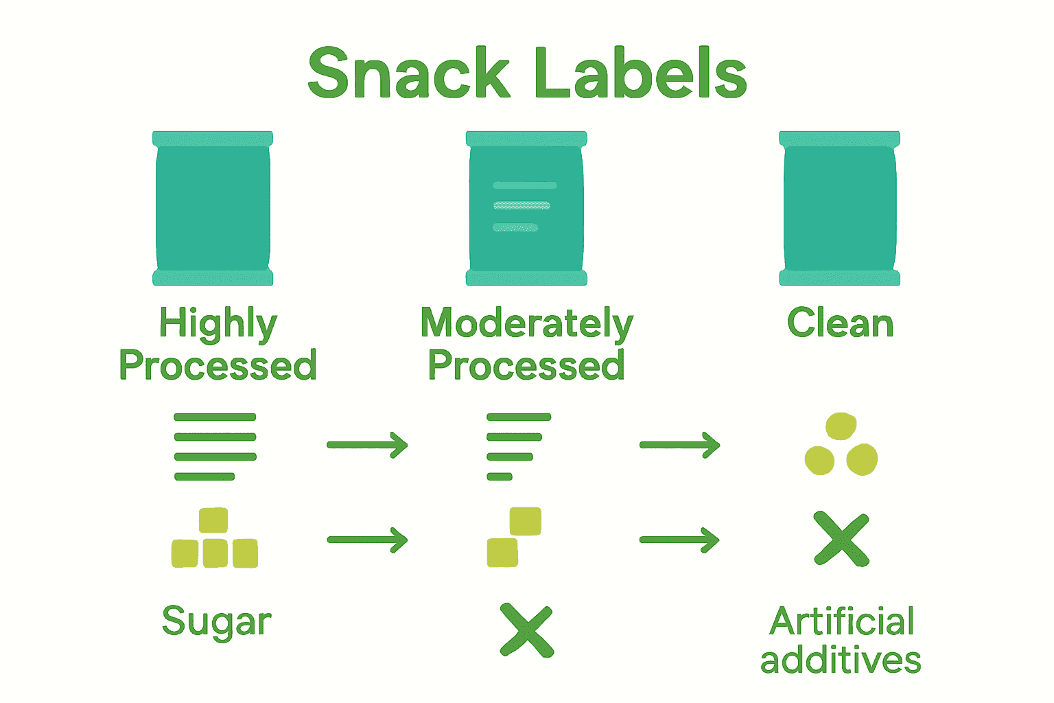 Infographic comparing processed, moderate, and clean snack labels.