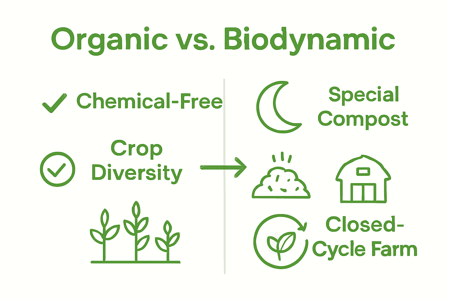 Infographic comparing organic and biodynamic farming practices with key icons