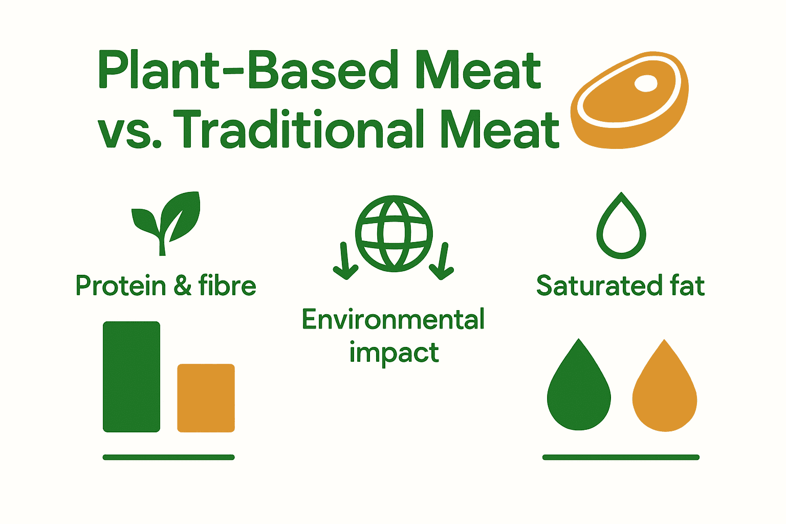 Infographic comparing plant based and traditional meat by nutrition and environmental impact