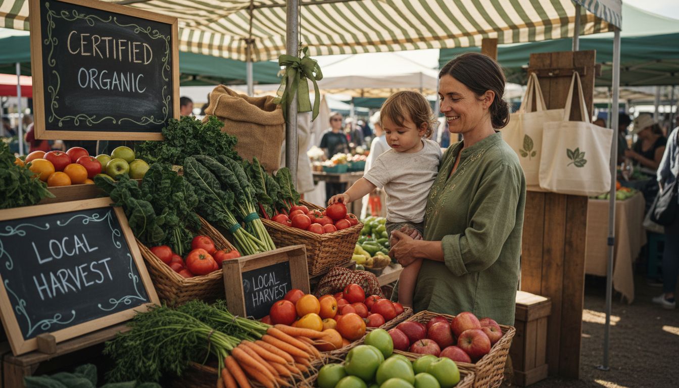 Family selecting organic produce at market