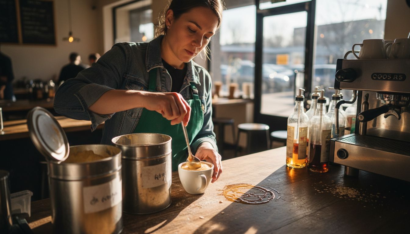 Barista prepares coffee with additives visible