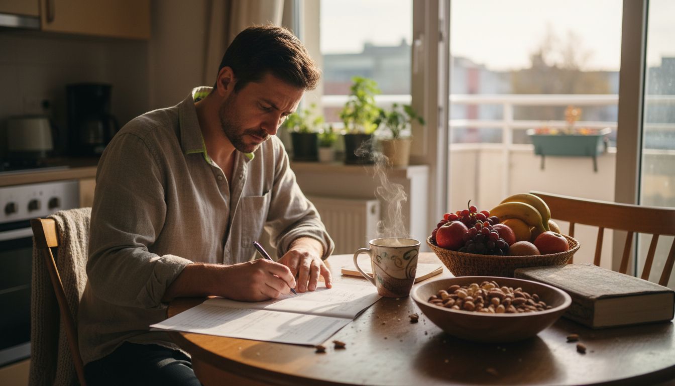 Man planning weekly meals at kitchen table