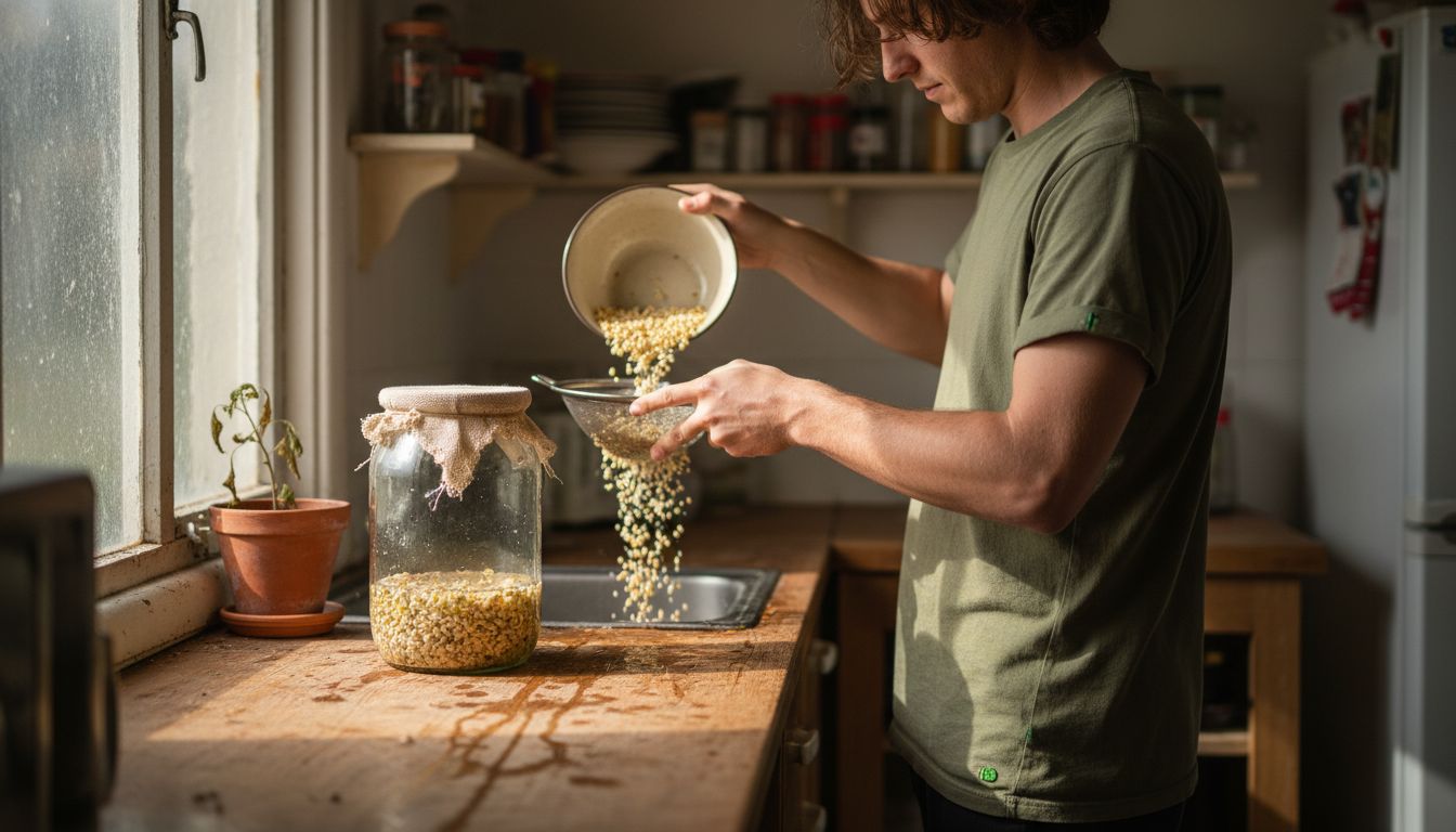 Man draining soaked seeds in mesh strainer