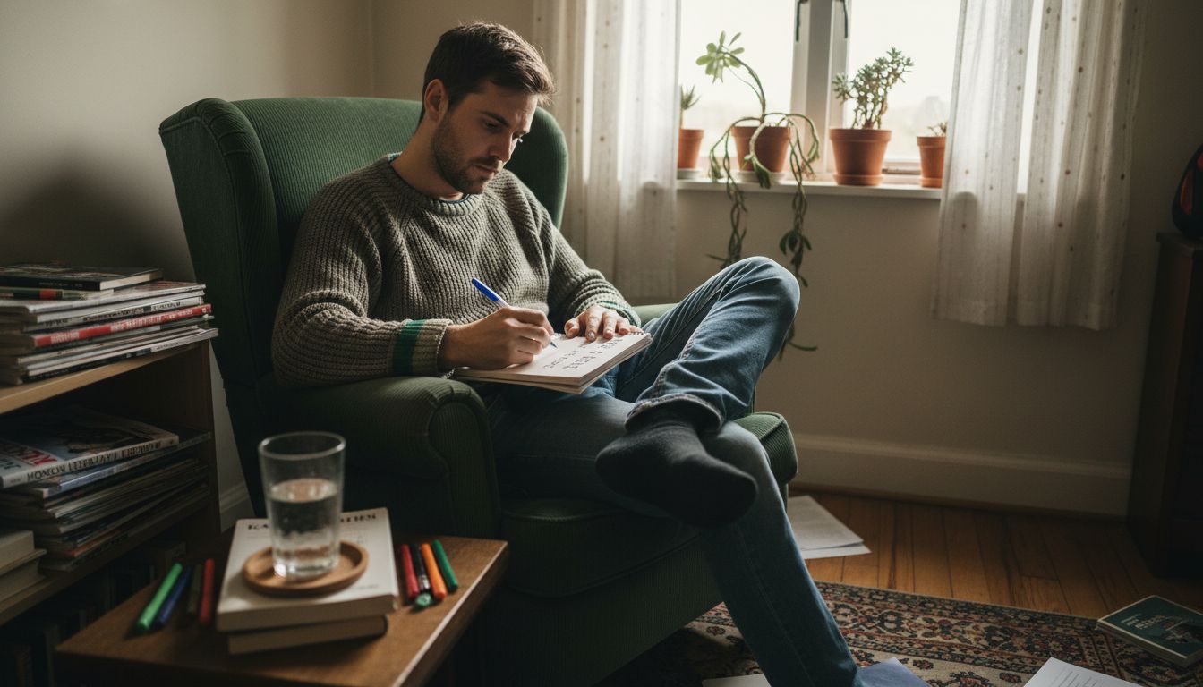 Man journaling in relaxed home setting