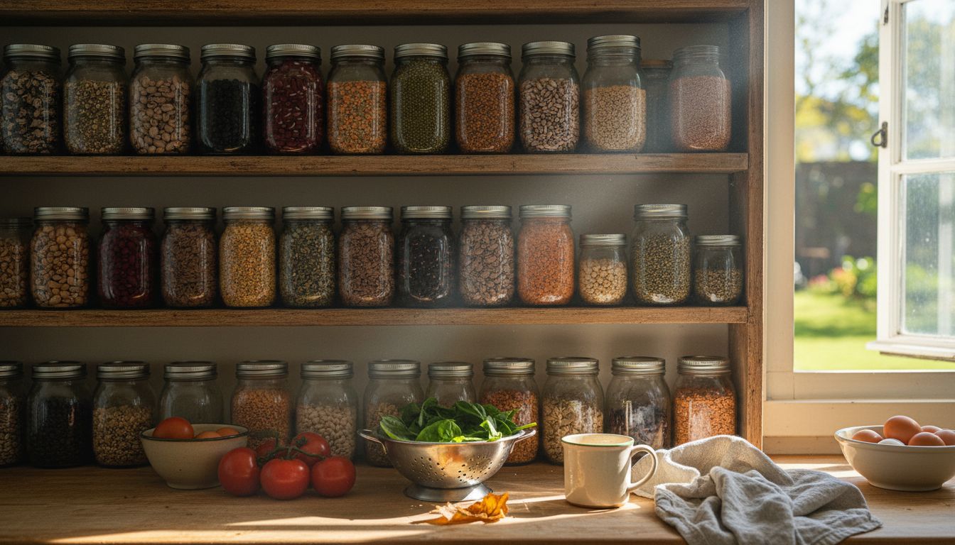 Kitchen shelf with jars, veggies, and eggs