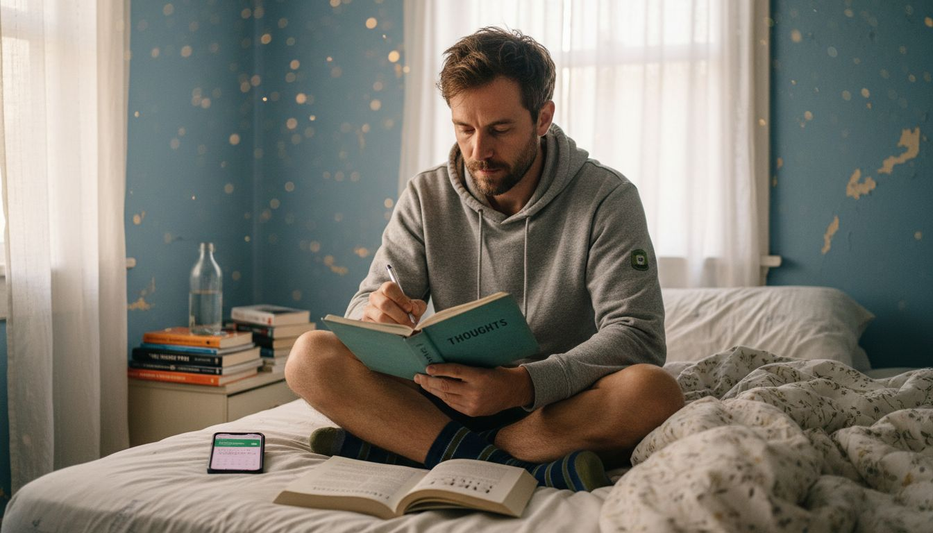 Man journaling healthy habits in bedroom