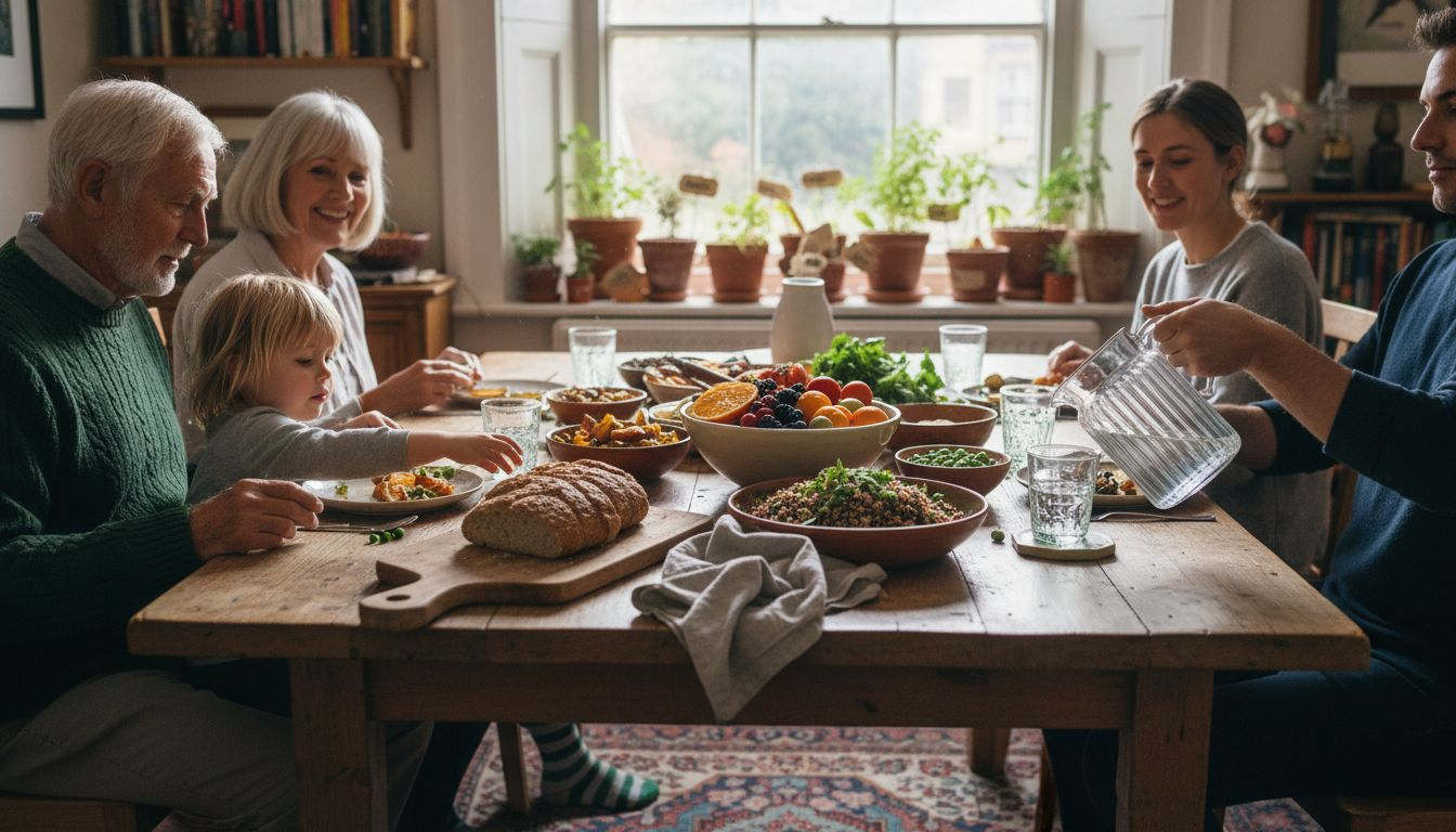 Family sharing plant based meal at table