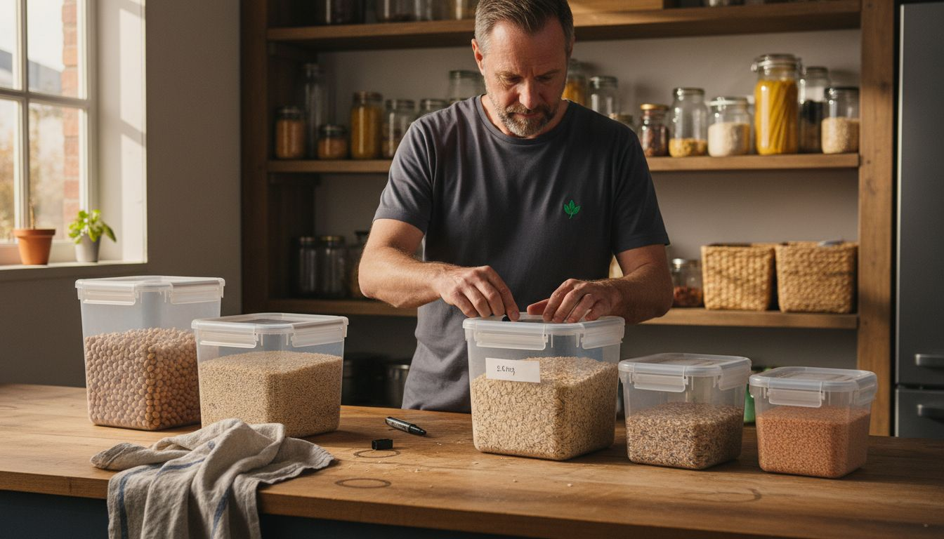 Man labeling containers on kitchen counter