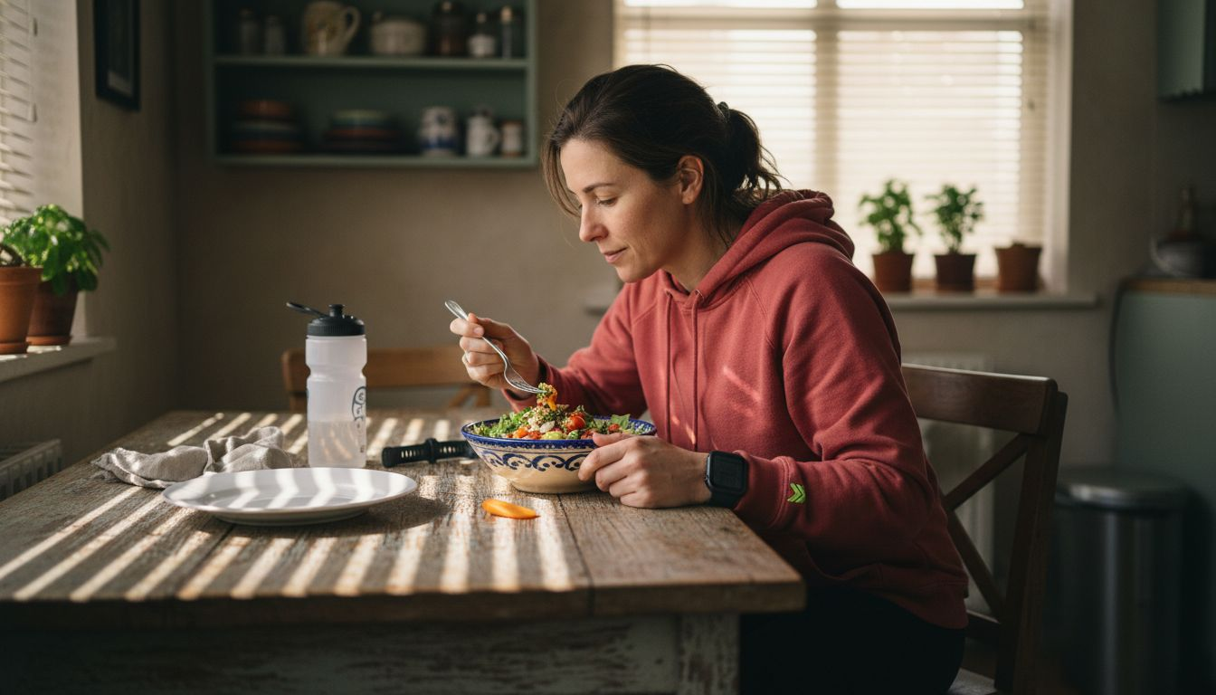 Runner eating plant-based salad after workout