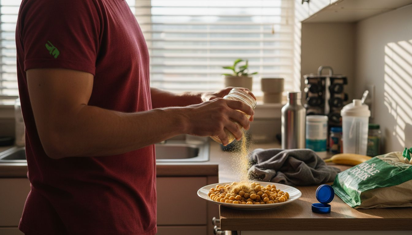 Man adding nutritional yeast to meal