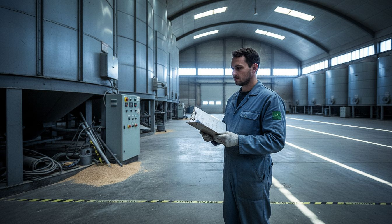 Worker inspecting silos in grain facility