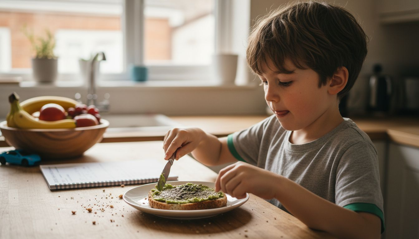 Child spreading avocado and seeds on toast