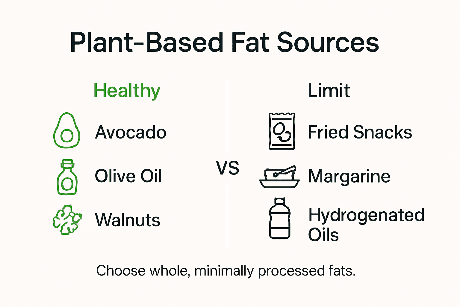 Infographic comparing healthy and less healthy plant fat sources