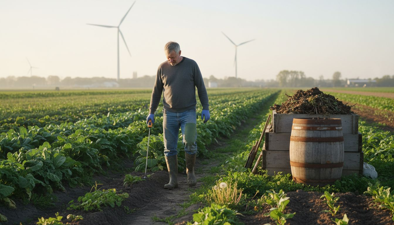 Farmer checks soil on organic vegetable farm