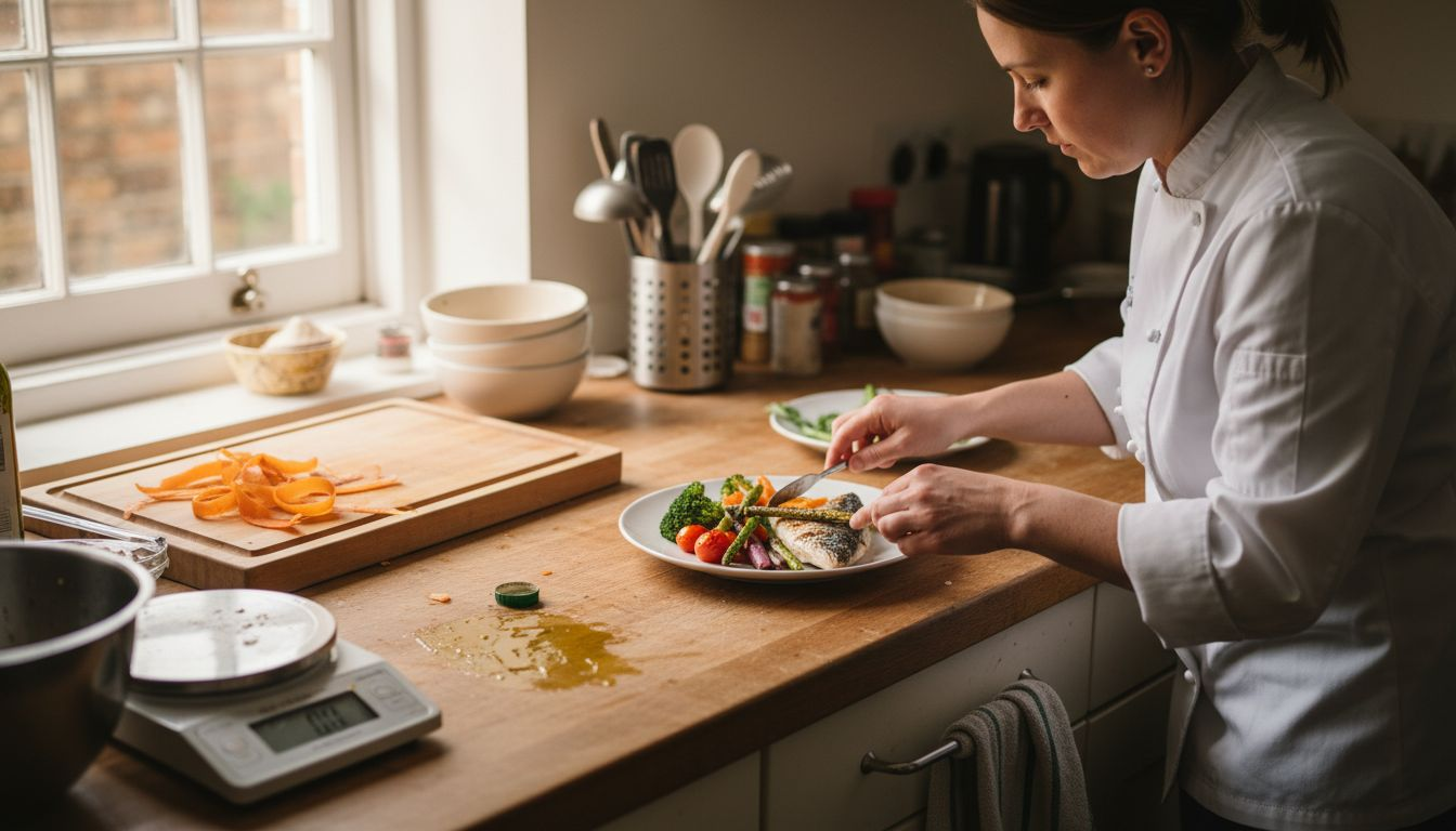 Chef plating colorful healthy food portions
