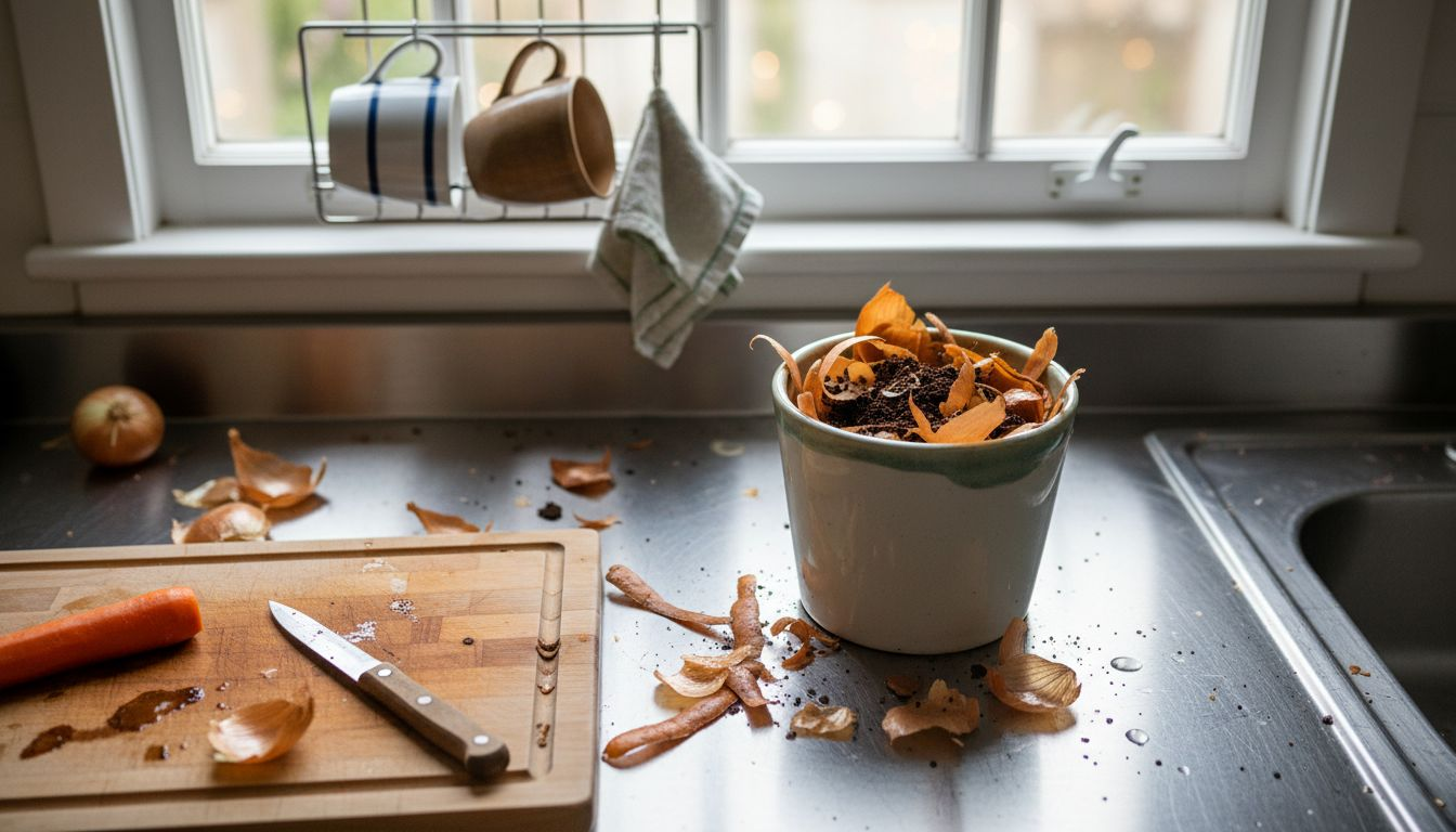 Kitchen scraps ready for composting in caddy
