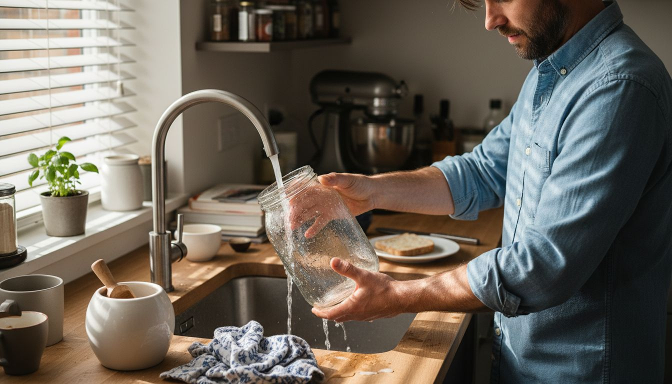 Man sanitizing fermentation jars at kitchen sink