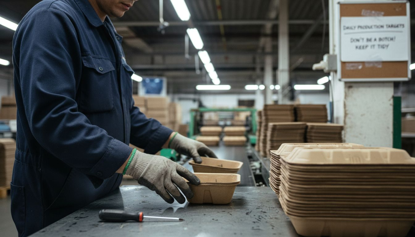 Worker sorts biodegradable containers at factory