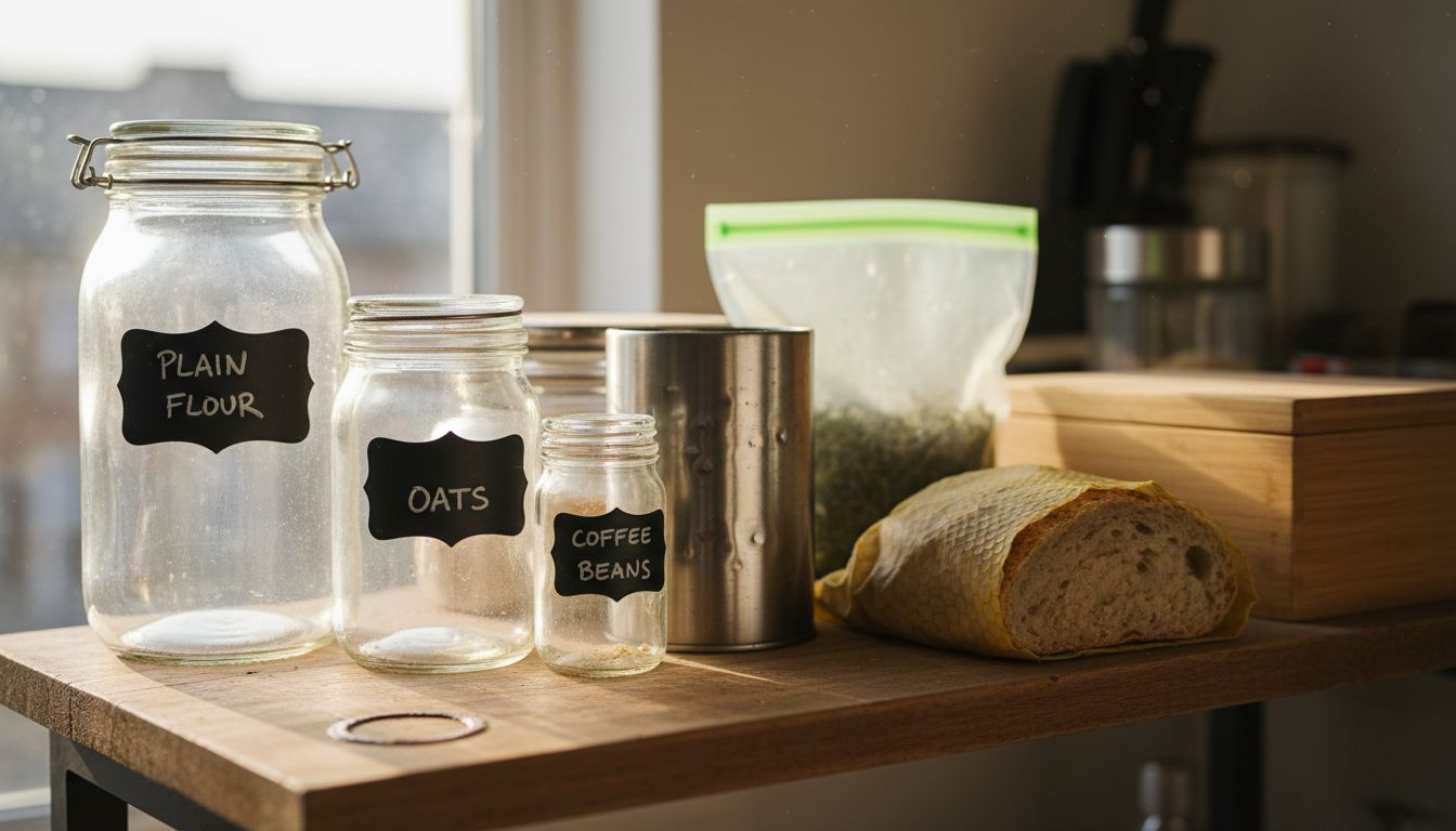 Sustainable material containers on kitchen shelf