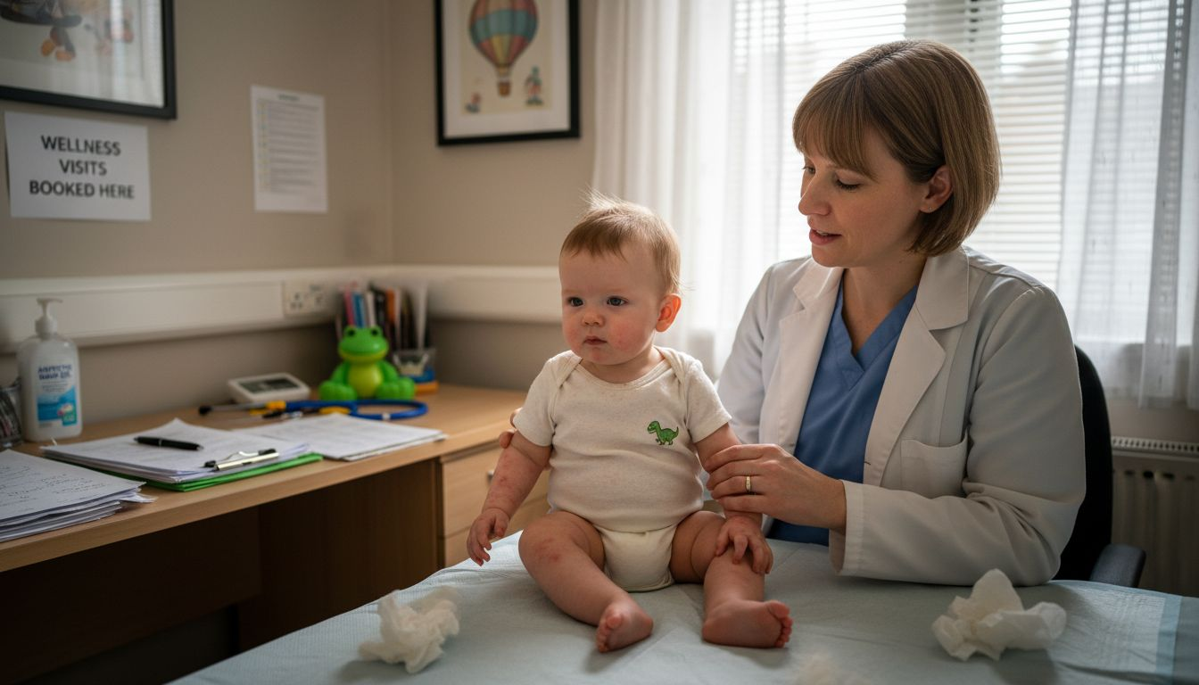 Doctor examining infant with allergic rash