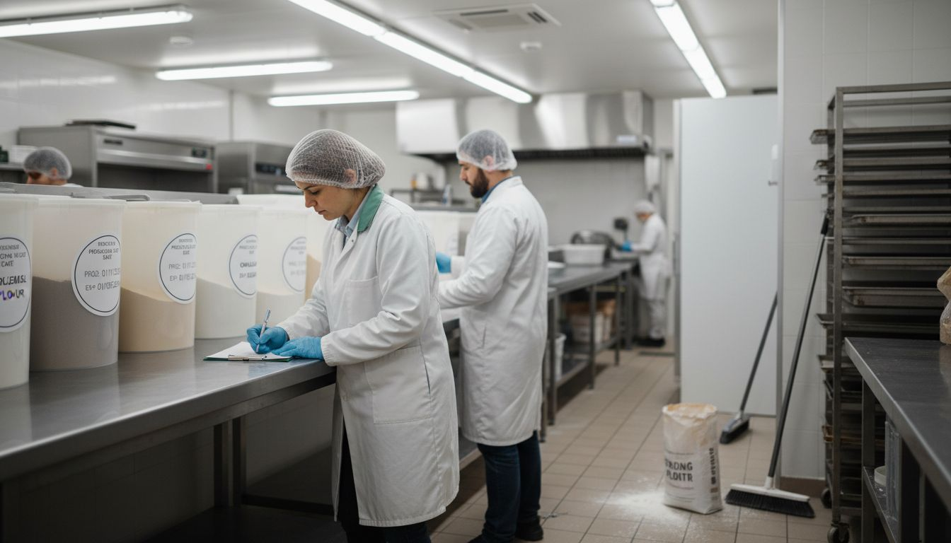 Inspectors reviewing bakery food safety compliance